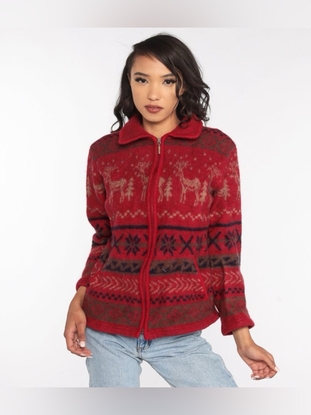 Venezia jeans sweater christmas winter red full zip 100% wool